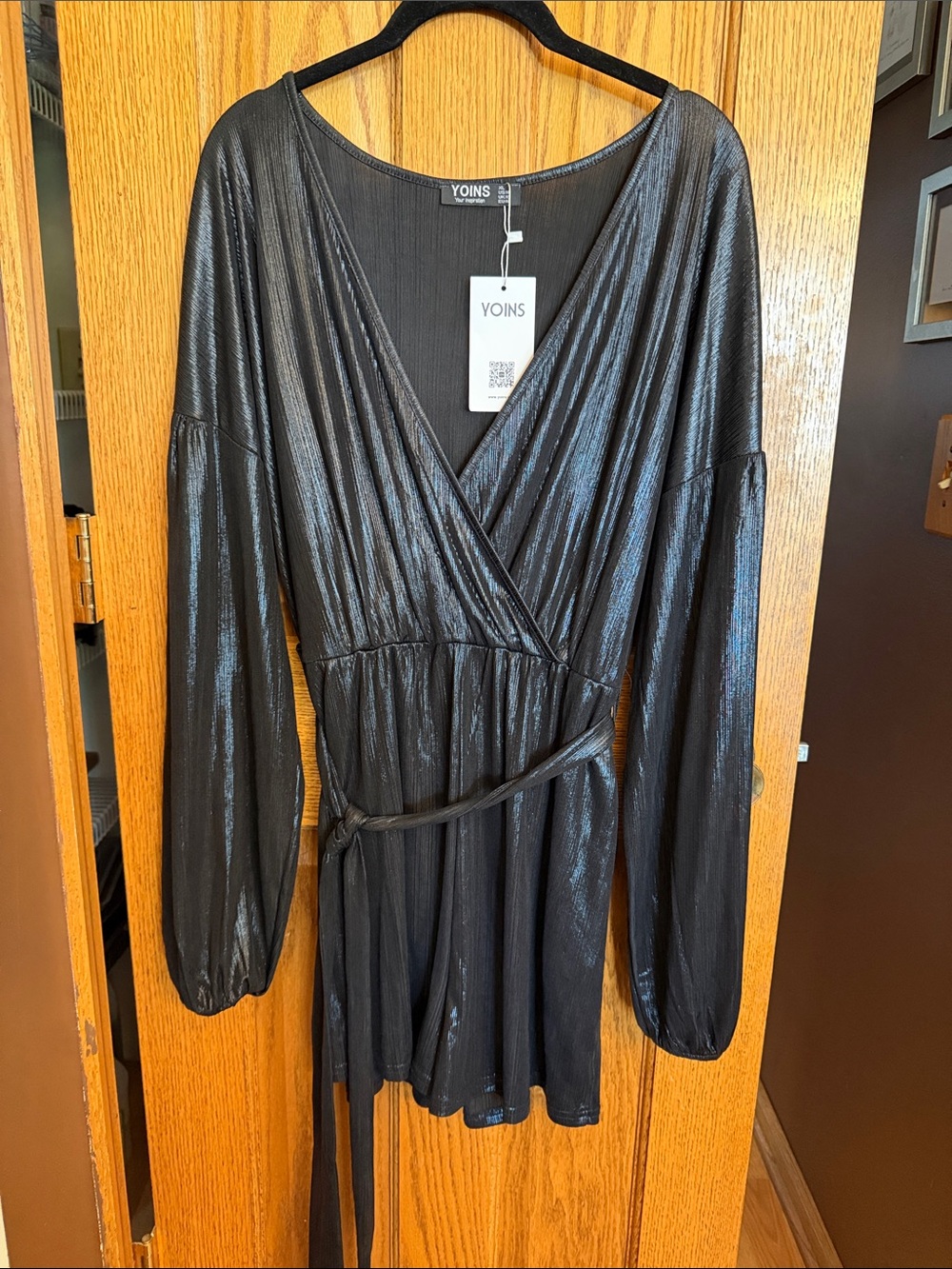 YOINS XL Metallic Black Romper with Balloon Sleeves